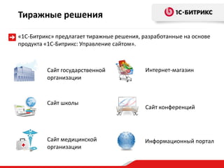 Тиражные решения
«1С-Битрикс» предлагает тиражные решения, разработанные на основе
продукта «1С-Битрикс: Управление сайтом».
Сайт государственной
организации
Сайт школы
Сайт медицинской
организации
Интернет-магазин
Сайт конференций
Информационный портал
 