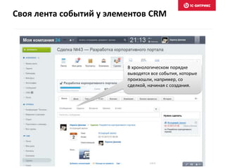 Своя лента событий у элементов CRM
В хронологическом порядке
выводятся все события, которые
произошли, например, со
сделкой, начиная с создания.
 