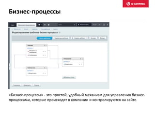 «Бизнес-процессы» - это простой, удобный механизм для управления бизнес-
процессами, которые происходят в компании и контролируются на сайте.
Бизнес-процессы
 