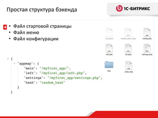 Простая структура бэкенда
• Файл стартовой страницы
• Файл меню
• Файл конфигурации