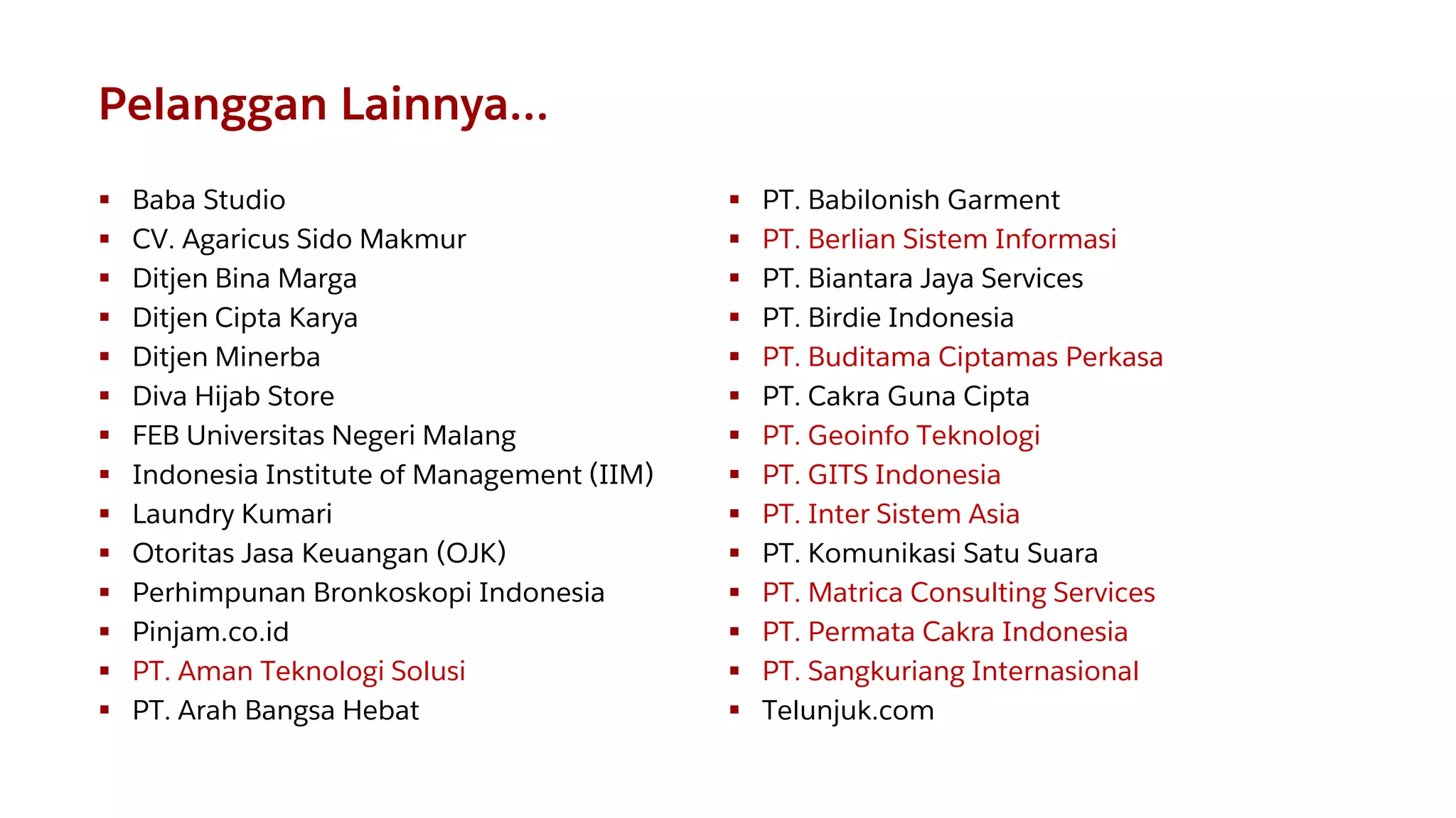 ▪ Baba Studio
▪ CV. Agaricus Sido Makmur
▪ Ditjen Bina Marga
▪ Ditjen Cipta Karya
▪ Ditjen Minerba
▪ Diva Hijab Store
▪ FEB Universitas Negeri Malang
▪ Indonesia Institute of Management (IIM)
▪ Laundry Kumari
▪ Otoritas Jasa Keuangan (OJK)
▪ Perhimpunan Bronkoskopi Indonesia
▪ Pinjam.co.id
▪ PT. Aman Teknologi Solusi
▪ PT. Arah Bangsa Hebat
▪ PT. Babilonish Garment
▪ PT. Berlian Sistem Informasi
▪ PT. Biantara Jaya Services
▪ PT. Birdie Indonesia
▪ PT. Buditama Ciptamas Perkasa
▪ PT. Cakra Guna Cipta
▪ PT. Geoinfo Teknologi
▪ PT. GITS Indonesia
▪ PT. Inter Sistem Asia
▪ PT. Komunikasi Satu Suara
▪ PT. Matrica Consulting Services
▪ PT. Permata Cakra Indonesia
▪ PT. Sangkuriang Internasional
▪ Telunjuk.com
Pelanggan Lainnya…
 