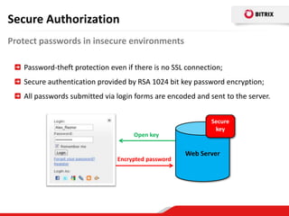 Secure Authorization
Protect passwords in insecure environments

   Password-theft protection even if there is no SSL connection;
   Secure authentication provided by RSA 1024 bit key password encryption;
   All passwords submitted via login forms are encoded and sent to the server.


                                                            Secure
                                                             key
                                    Open key

                                                    Web Server
                               Encrypted password
 