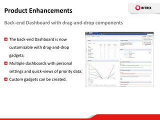 Product Enhancements
Back-end Dashboard with drag-and-drop components


  The back-end Dashboard is now
  customizable with drag-and-drop
  gadgets;
  Multiple dashboards with personal
  settings and quick-views of priority data;
  Custom gadgets can be created.
 
