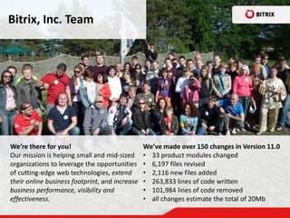 Bitrix, Inc. Team




We’re there for you!                            We’ve made over 150 changes in Version 11.0
Our mission is helping small and mid-sized      • 33 product modules changed
organizations to leverage the opportunities     • 6,197 files revised
of cutting-edge web technologies, extend        • 2,116 new files added
their online business footprint, and increase   • 263,833 lines of code written
business performance, visibility and            • 101,984 lines of code removed
effectiveness.                                  • all changes estimate the total of 20Mb
 