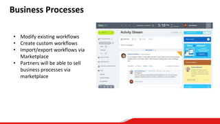 Business Processes
• Modify existing workflows
• Create custom workflows
• Import/export workflows via
Marketplace
• Partners will be able to sell
business processes via
marketplace
 