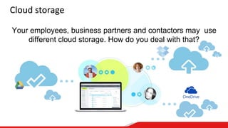 Cloud storage
Your employees, business partners and contactors may use
different cloud storage. How do you deal with that?
 