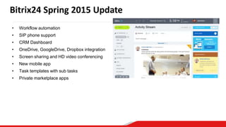 Bitrix24 Spring 2015 Update
• Workflow automation
• SIP phone support
• CRM Dashboard
• OneDrive, GoogleDrive, Dropbox integration
• Screen sharing and HD video conferencing
• New mobile app
• Task templates with sub tasks
• Private marketplace apps
 
