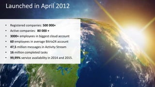 • Registered companies: 500 000+
• Active companies: 80 000 +
• 3000+ employees in biggest cloud account
• 60 employees in average Bitrix24 account
• 47,5 million messages in Activity Stream
• 16 million completed tasks
• 99,99% service availability in 2014 and 2015.
Launched in April 2012
 
