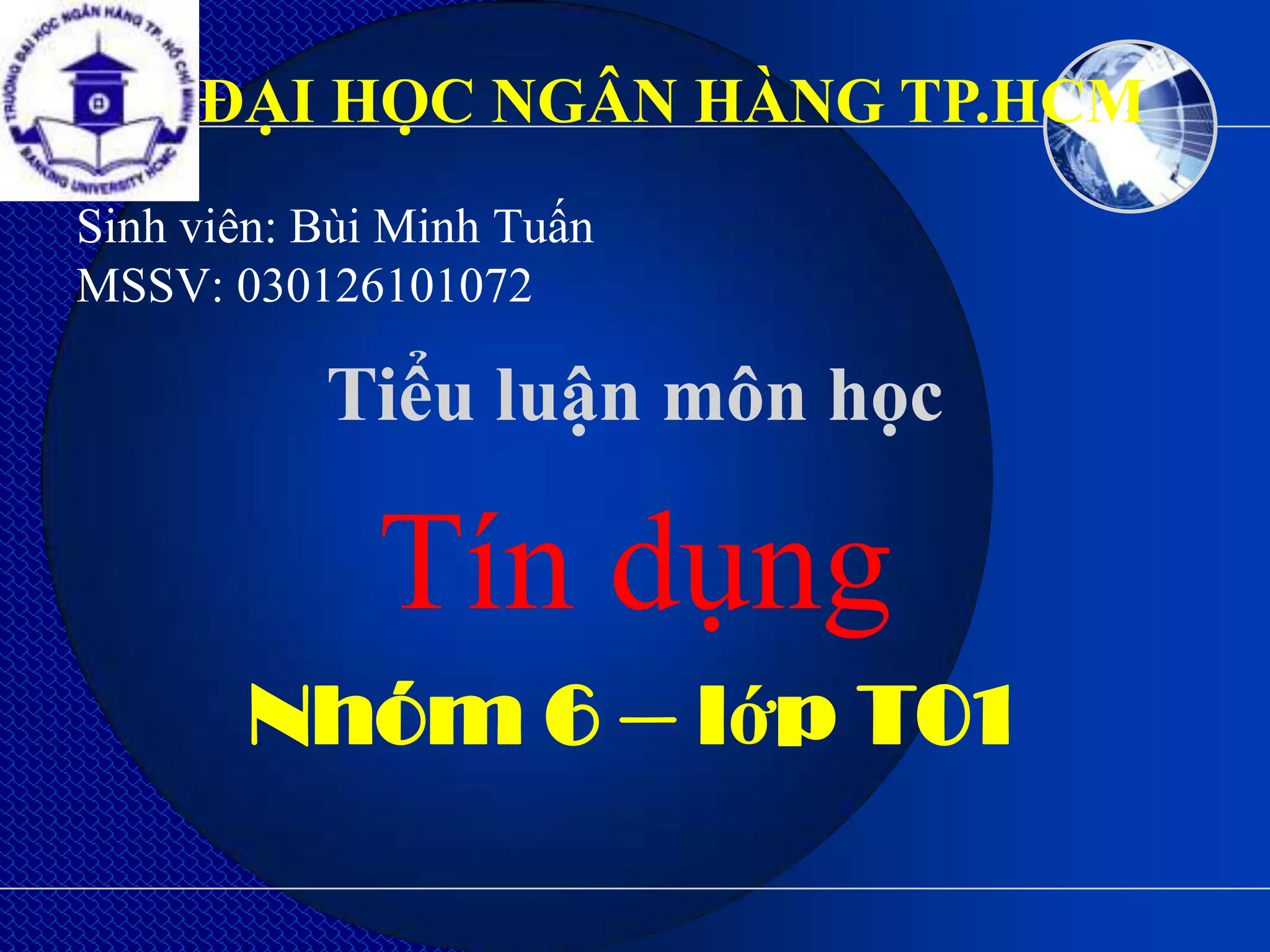 ĐẠI HỌC NGÂN HÀNG TP.HCM
Sinh viên: Bùi Minh Tuấn
MSSV: 030126101072

           Tiểu luận môn học

             Tín dụng
       Nhóm 6 – lớp T01
 