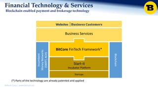 BitRush Corp │ www.bitrush.col
Financial Technology & Services
Blockchain enabled payment and brokerage technology
BitCore FinTech Framework*
Business Services
Start-it
Incubator Platform
Websites │𝐁𝐮𝐬𝐢𝐧𝐞𝐬𝐬 𝐂𝐮𝐬𝐭𝐨𝐦𝐞𝐫𝐬
Startups
Incumbent
MoneyNetworks
(SWIFT,ACH)
Blockchain
(*) Parts of the technology are already patented and applied
 
