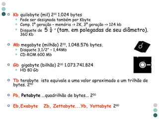 Kb   quilobyte (mil) 2 10  1.024 bytes  Pode ser designada também por Kbyte Comp. 1º geração – memória -> 2K, 3º geração –> 124 kb Disquete de  5 ¼  ”  (tam. em polegadas de seu diâmetro).  360 Kb Mb  megabyte (milhão) 2 20 , 1.048.576 bytes.  Disquete 3,1/2” – 1,44Mb  CD-ROM 600 Mb Gb   gigabyte (bilhão) 2 30  1.073.741.824  HD 80 Gb Tb  terabyte  isto equivale a uma valor aproximado a um trilhão de bytes. 2 40 Pb,   Petabyte  ...quadrilhão de bytes... 2 50 Eb,Exabyte  Zb, Zettabyte...Yb, Yottabyte  2 80 