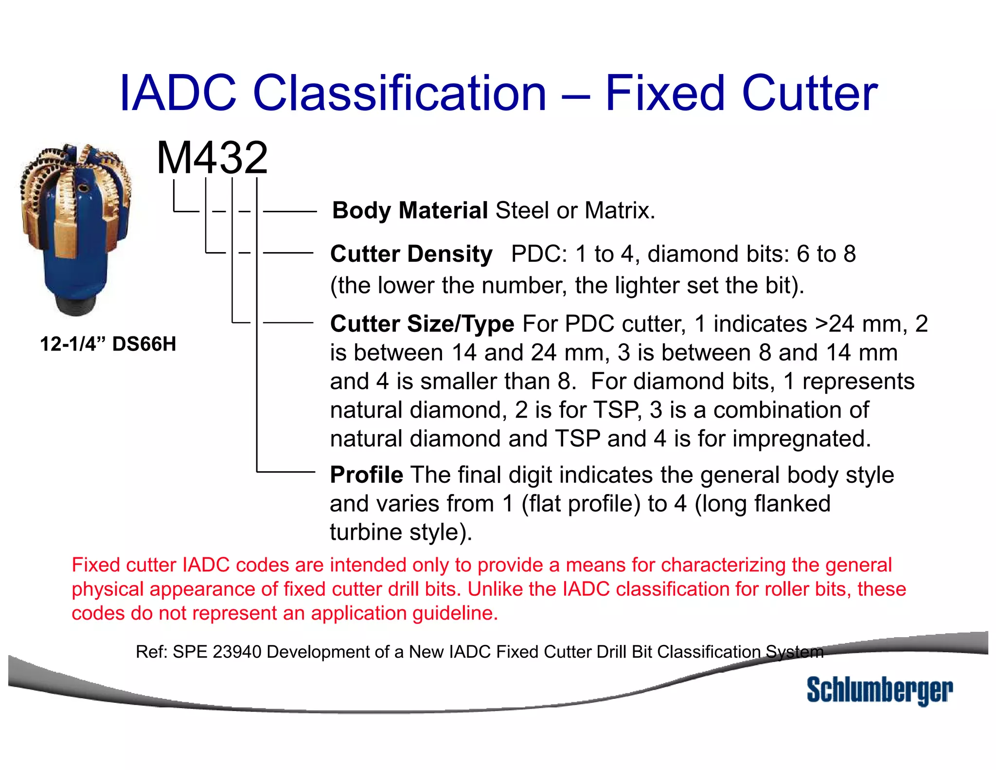 IADC Classification – Fixed Cutter
12-1/4” DS66H
M432
Body Material Steel or Matrix.
Cutter Density PDC: 1 to 4, diamond bits: 6 to 8
(the lower the number, the lighter set the bit).
Cutter Size/Type For PDC cutter, 1 indicates >24 mm, 2
is between 14 and 24 mm, 3 is between 8 and 14 mm
and 4 is smaller than 8. For diamond bits, 1 represents
Ref: SPE 23940 Development of a New IADC Fixed Cutter Drill Bit Classification System
Profile The final digit indicates the general body style
and varies from 1 (flat profile) to 4 (long flanked
turbine style).
Fixed cutter IADC codes are intended only to provide a means for characterizing the general
physical appearance of fixed cutter drill bits. Unlike the IADC classification for roller bits, these
codes do not represent an application guideline.
and 4 is smaller than 8. For diamond bits, 1 represents
natural diamond, 2 is for TSP, 3 is a combination of
natural diamond and TSP and 4 is for impregnated.
 