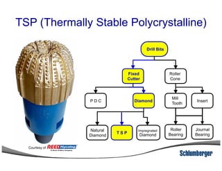 TSP (Thermally Stable Polycrystalline)
Drill Bits
Fixed
Cutter
Roller
Cone
Insert
Mill
Tooth
DiamondP D C
Natural
Diamond
Impregnated
DiamondT S P
Roller
Bearing
Journal
Bearing
Courtesy of
 
