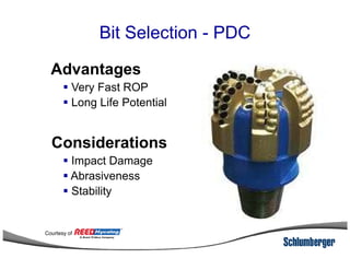 Bit Selection - PDC
Advantages
Very Fast ROP
Long Life Potential
ConsiderationsConsiderations
Impact Damage
Abrasiveness
Stability
Courtesy of
 