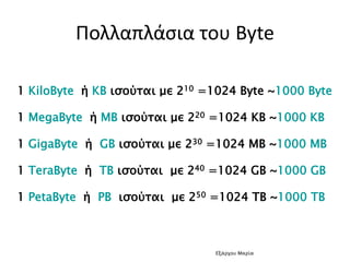 Πολλαπλάσια του Byte
1 KiloByte ή KB ισούται με 210 =1024 Byte ~1000 Byte
1 MegaByte ή MB ισούται με 220 =1024 KB ~1000 KB
1 GigaByte ή GB ισούται με 230 =1024 MB ~1000 MB
1 TeraByte ή TB ισούται με 240 =1024 GB ~1000 GB
1 PetaByte ή PB ισούται με 250 =1024 TB ~1000 TB
Εξάρχου Μαρία
 