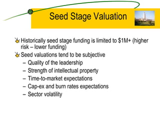 Seed Stage Valuation Historically seed stage funding is limited to $1M+ (higher risk – lower funding) Seed valuations tend to be subjective Quality of the leadership Strength of intellectual property Time-to-market expectations Cap-ex and burn rates expectations Sector volatility 