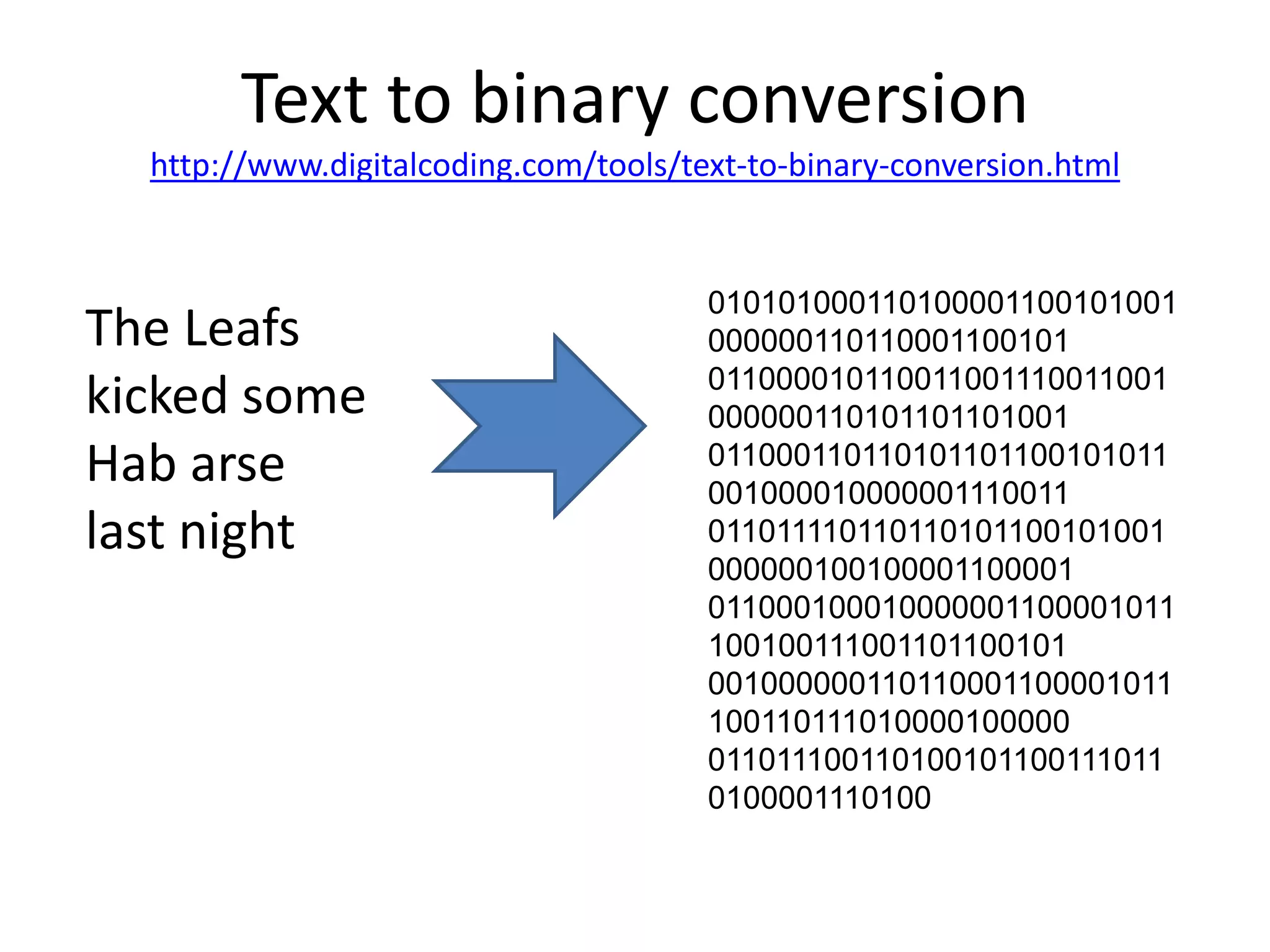 Text to binary conversionhttp://www.digitalcoding.com/tools/text-to-binary-conversion.html010101000110100001100101001000000110110001100101 0110000101100110011100110010000001101011011010010110001101101011011001010110010000100000011100110110111101101101011001010010000001001000011000010110001000100000011000010111001001110011011001010010000001101100011000010111001101110100001000000110111001101001011001110110100001110100The Leafs kicked some Habarse last night