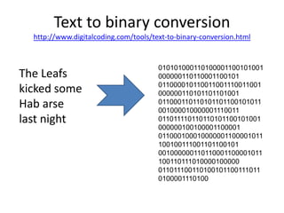 Text to binary conversionhttp://www.digitalcoding.com/tools/text-to-binary-conversion.html010101000110100001100101001000000110110001100101 0110000101100110011100110010000001101011011010010110001101101011011001010110010000100000011100110110111101101101011001010010000001001000011000010110001000100000011000010111001001110011011001010010000001101100011000010111001101110100001000000110111001101001011001110110100001110100The Leafs kicked some Habarse last night