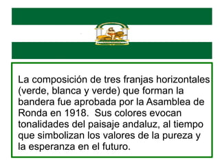 La composición de tres franjas horizontales (verde, blanca y verde) que forman la bandera fue aprobada por la Asamblea de Ronda en 1918. Sus colores evocan tonalidades del paisaje andaluz, al tiempo que simbolizan los valores de la pureza y la esperanza en el futuro.