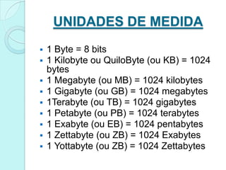 UNIDADES DE MEDIDA
   1 Byte = 8 bits
   1 Kilobyte ou QuiloByte (ou KB) = 1024
    bytes
   1 Megabyte (ou MB) = 1024 kilobytes
   1 Gigabyte (ou GB) = 1024 megabytes
   1Terabyte (ou TB) = 1024 gigabytes
   1 Petabyte (ou PB) = 1024 terabytes
   1 Exabyte (ou EB) = 1024 pentabytes
   1 Zettabyte (ou ZB) = 1024 Exabytes
   1 Yottabyte (ou ZB) = 1024 Zettabytes
 