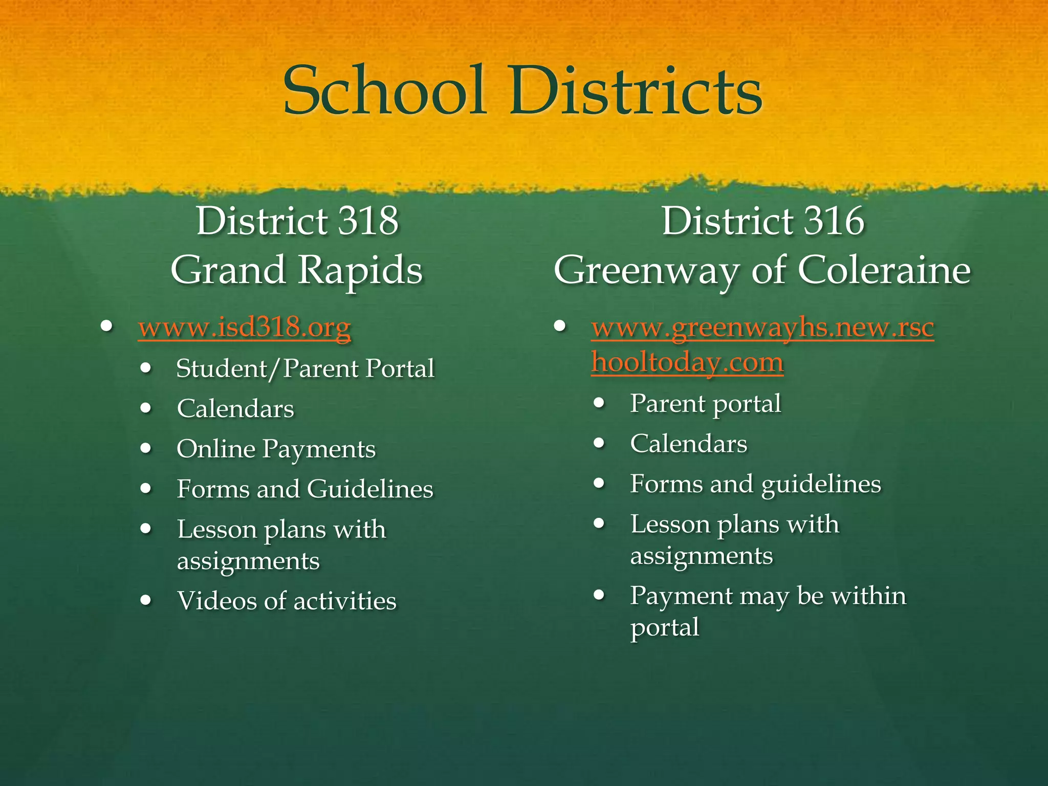 School Districts
District 318
Grand Rapids
 www.isd318.org
 Student/Parent Portal
 Calendars
 Online Payments
 Forms and Guidelines
 Lesson plans with
assignments
 Videos of activities
District 316
Greenway of Coleraine
 www.greenwayhs.new.rsc
hooltoday.com
 Parent portal
 Calendars
 Forms and guidelines
 Lesson plans with
assignments
 Payment may be within
portal
 