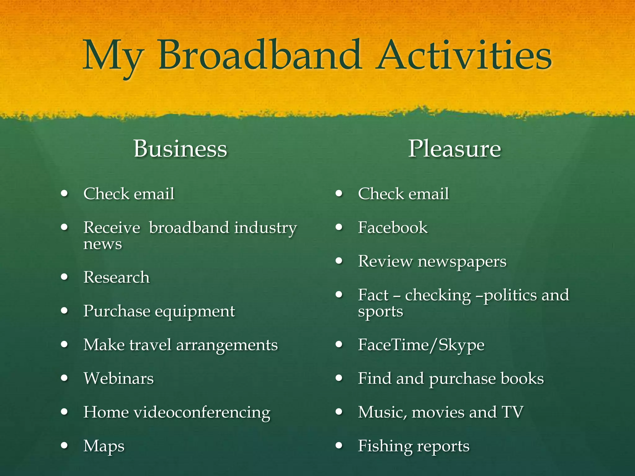 My Broadband Activities
Business
 Check email
 Receive broadband industry
news
 Research
 Purchase equipment
 Make travel arrangements
 Webinars
 Home videoconferencing
 Maps
Pleasure
 Check email
 Facebook
 Review newspapers
 Fact – checking –politics and
sports
 FaceTime/Skype
 Find and purchase books
 Music, movies and TV
 Fishing reports
 