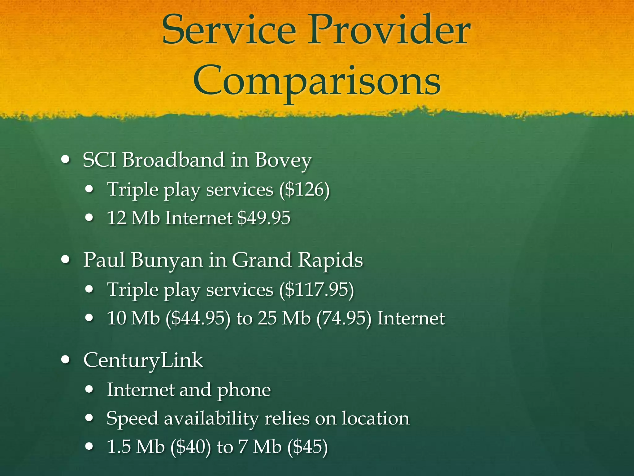 Service Provider
Comparisons
 SCI Broadband in Bovey
 Triple play services ($126)
 12 Mb Internet $49.95
 Paul Bunyan in Grand Rapids
 Triple play services ($117.95)
 10 Mb ($44.95) to 25 Mb (74.95) Internet
 CenturyLink
 Internet and phone
 Speed availability relies on location
 1.5 Mb ($40) to 7 Mb ($45)
 
