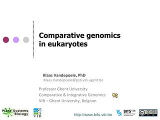 Comparative genomics
in eukaryotes



  Klaas Vandepoele, PhD
  Klaas.Vandepoele@psb.vib-ugent.be

Professor Ghent University
Comparative & Integrative Genomics
VIB – Ghent University, Belgium


                  http://www.bits.vib.be
 