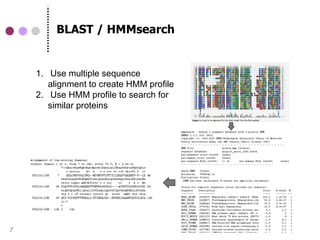 BLAST / HMMsearch


    1. Use multiple sequence
       alignment to create HMM profile
    2. Use HMM profile to search for
       similar proteins




7
 