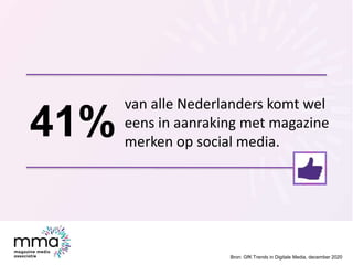 van alle Nederlanders komt wel
eens in aanraking met magazine
merken op social media.
41%
Bron: GfK Trends in Digitale Med...