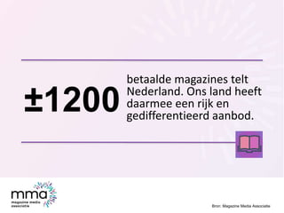 betaalde magazines telt
Nederland. Ons land heeft
daarmee een rijk en
gedifferentieerd aanbod.
Bron: Magazine Media Associ...