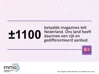 betaalde magazines telt
Nederland. Ons land heeft
daarmee een rijk en
gedifferentieerd aanbod.
Bron: Magazine Media Associ...