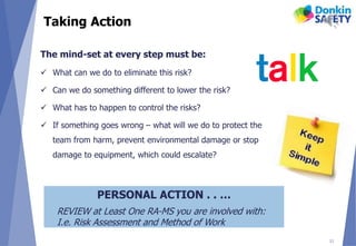 PERSONAL ACTION . . …
REVIEW at Least One RA-MS you are involved with:
I.e. Risk Assessment and Method of Work
Taking Action
11
The mind-set at every step must be:
 What can we do to eliminate this risk?
 Can we do something different to lower the risk?
 What has to happen to control the risks?
 If something goes wrong – what will we do to protect the
team from harm, prevent environmental damage or stop
damage to equipment, which could escalate?
 