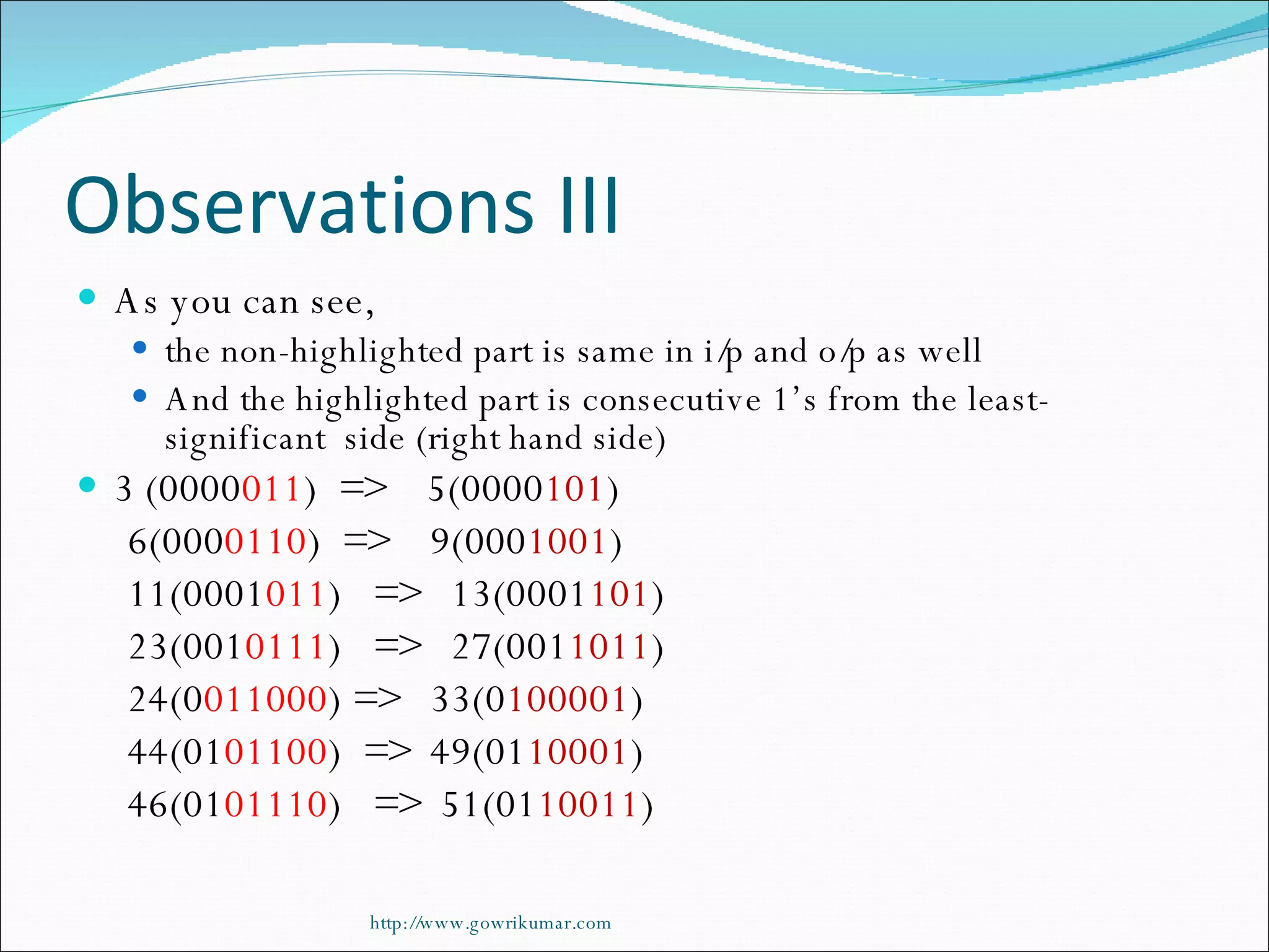 Observations III As you can see,  the non-highlighted part is same in i/p and o/p as well And the highlighted part is consecutive 1’s from the least-significant  side (right hand side) 3 (0000 011 )  =>  5(0000 101 ) 6(000 0110 )  =>  9(000 1001 ) 11(0001 011 )  =>  13(0001 101 ) 23(001 0111 )  =>  27(001 1011 ) 24(0 011000 ) =>  33(0 100001 ) 44(01 01100 )  =>  49(01 10001 ) 46(01 01110 )  =>  51(01 10011 ) http://www.gowrikumar.com 