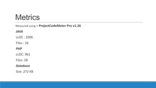 Metrics
Measured using – ProjectCodeMeter Pro v1.26
JAVA
LLOC : 2096
Files : 26
PHP
LLOC: 961
Files: 28
Database
Size: 272 KB
 