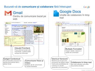 Bucurati-vă de comunicare și colaborare fără întreruperi

                Gmail                                                        Google Docs
                                                                             Unelte de colaborare în timp
                Centru de comunicare bazat pe
                                                                             real
                web




                   Căsuță Prioritară                                                  Multiple Formatări
                   Preia automat email-urile
                                                                                      imagini, tabele, desene si
                   importante, sortând astfel
                                                                                      casete de comentarii
                   excesul de informatii.



Gadget Contextual                                               Istoricul Versiunii
Se pot actualiza previziuni si     Comunicare Voce și           Mentinut pe tot parcusul
aproba documente fără a            Video                        procesului de editare astfel   Colaborare în timp real
părăsi Gmail                                                    încât aveti posibilitatea de   Mai multi utilizatori pot edita
                                   Multiple căi de comunicare
                                                                a revizui cu usurita           documente simultan.
                                   în aceasi fereastră
                                                                versiunile unui document.
 
