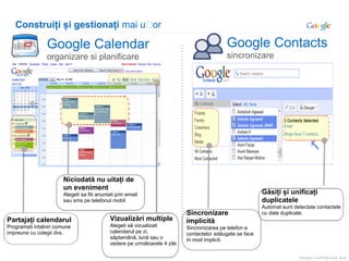 Construiți și gestionați mai u or

                Google Calendar                                                             Google Contacts
                organizare si planificare                                                   sincronizare




                       Niciodată nu uitați de
                       un eveniment
                       Alegeti sa fiti anuntati prin email                                                 Găsiți și unificați
                       sau sms pe telefonul mobil                                                          duplicatele
                                                                                                           Automat sunt detectate contactele
                                                                            Sincronizare                   cu date duplicate.
Partajați calendarul                         Vizualizări multiple           implicită
Programati intalniri comune                  Alegeti să vizualizati         Sincronizarea pe telefon a
impreuna cu colegii dvs.                     calendarul pe zi,              contactelor adăugate se face
                                             săptamână, lună sau o          în mod implicit.
                                             vedere pe următoarele 4 zile
 