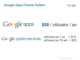 Google Apps Premier Edition




                        $50 / utilizator / an

                          arhivare pe 1 an + $13
                          arhivare pe 10 ani + $33
 