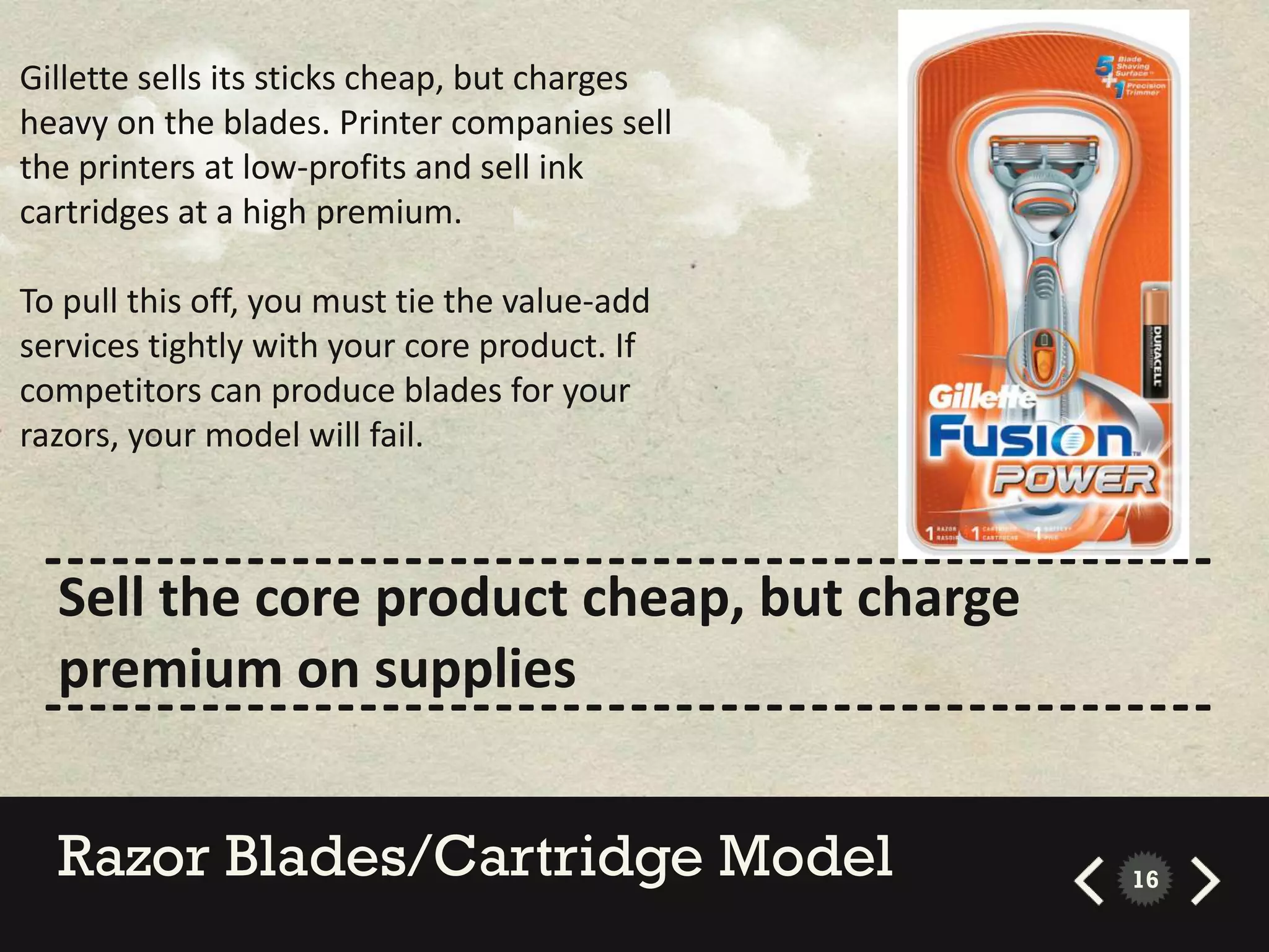 Gillette sells its sticks cheap, but charges
heavy on the blades. Printer companies sell
the printers at low-profits and sell ink
cartridges at a high premium.

To pull this off, you must tie the value-add
services tightly with your core product. If
competitors can produce blades for your
razors, your model will fail.


 ----------------------------------------------------
  Sell the core product cheap, but charge
  premium on supplies
 ----------------------------------------------------

  Razor Blades/Cartridge Model                   16
 