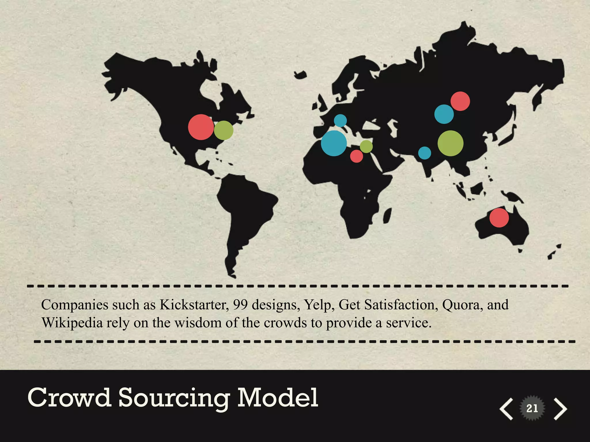 ----------------------------------------------------
 Companies such as Kickstarter, 99 designs, Yelp, Get Satisfaction, Quora, and
 Wikipedia rely on the wisdom of the crowds to provide a service.
----------------------------------------------------

Crowd Sourcing Model                                                             21
 