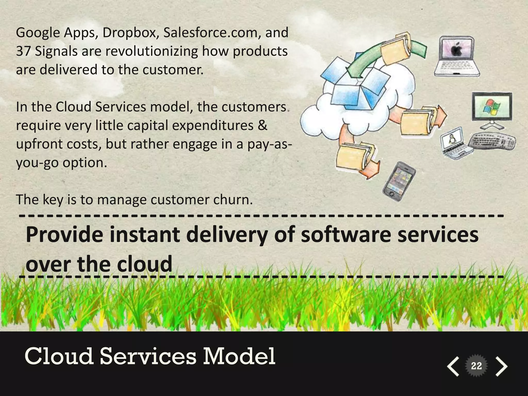 Google Apps, Dropbox, Salesforce.com, and
37 Signals are revolutionizing how products
are delivered to the customer.

In the Cloud Services model, the customers
require very little capital expenditures &
upfront costs, but rather engage in a pay-as-
you-go option.

The key is to manage customer churn.
----------------------------------------------------
 Provide instant delivery of software services
 over the cloud
----------------------------------------------------


 Cloud Services Model                           22
 