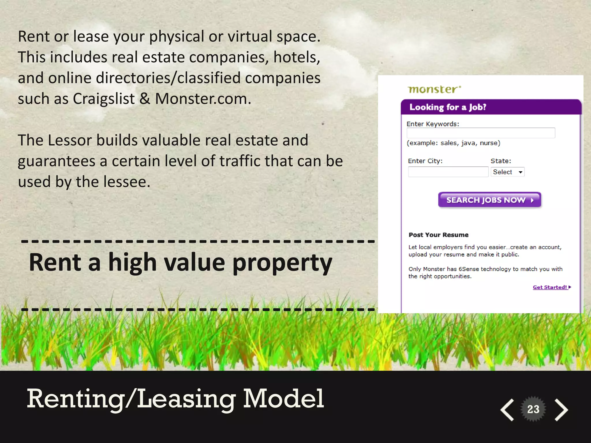 Rent or lease your physical or virtual space.
This includes real estate companies, hotels,
and online directories/classified companies
such as Craigslist & Monster.com.

The Lessor builds valuable real estate and
guarantees a certain level of traffic that can be
used by the lessee.


----------------------------------------------------
 Rent a high value property
----------------------------------------------------


 Renting/Leasing Model                              23
 