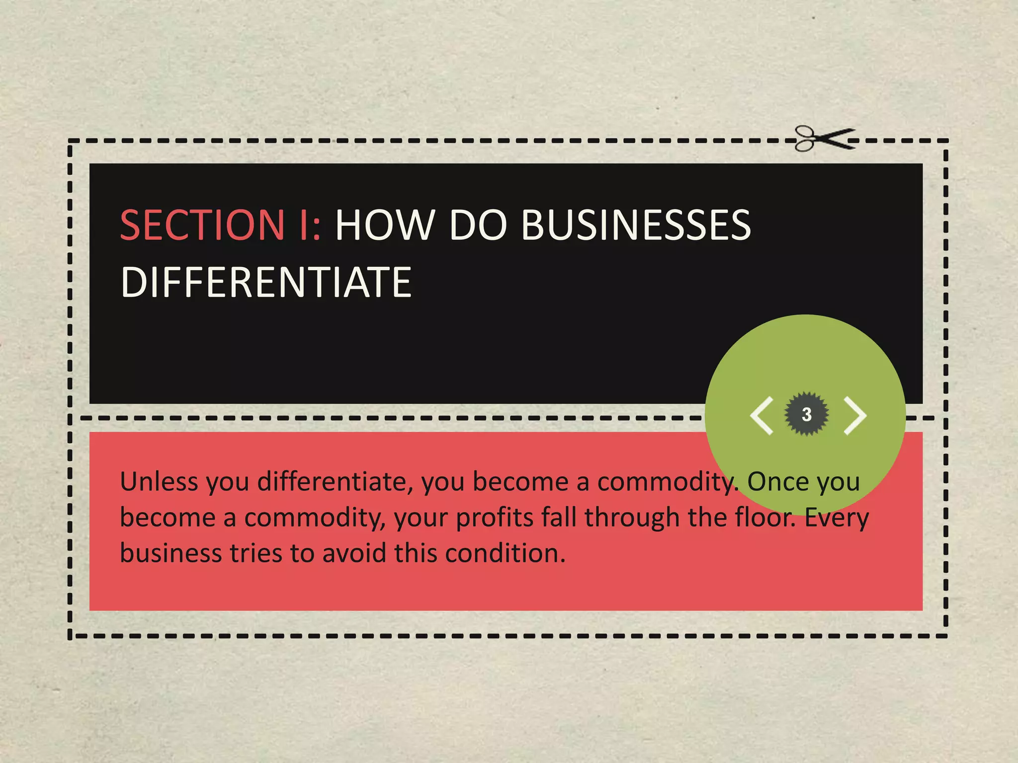 -----------------------------------------                                       ------
----------------------------




                                                                                                ---------------------------
                               SECTION I: HOW DO BUSINESSES
                               DIFFERENTIATE

                   ------------------------------------------------
                                                           3


                               Unless you differentiate, you become a commodity. Once you
                               become a commodity, your profits fall through the floor. Every
                               business tries to avoid this condition.

                -------------------------------------------------
 