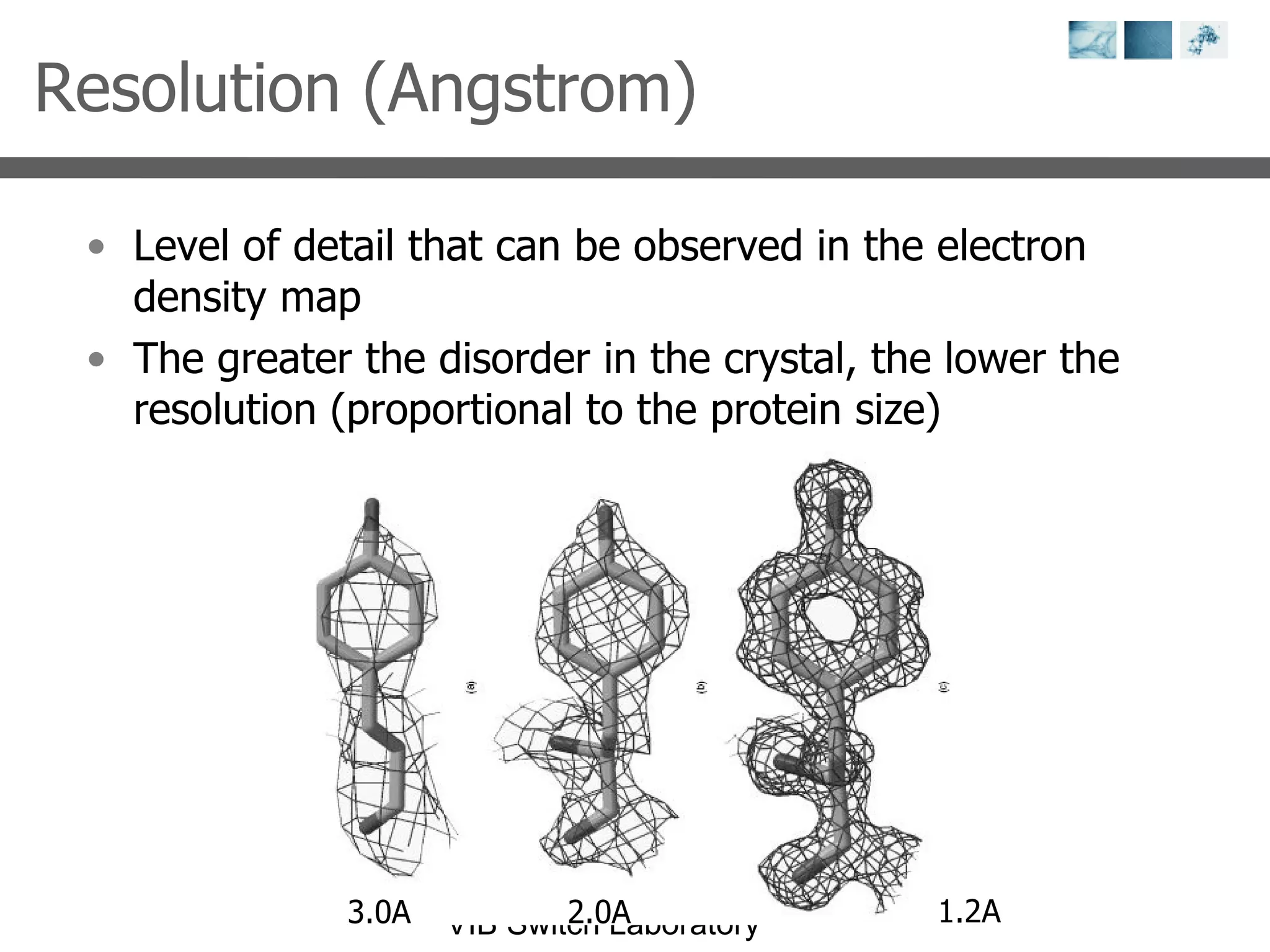 Resolution (Angstrom) Level of detail that can be observed in the electron density map The greater the disorder in the crystal, the lower the resolution (proportional to the protein size) 3.0A 2.0A 1.2A 