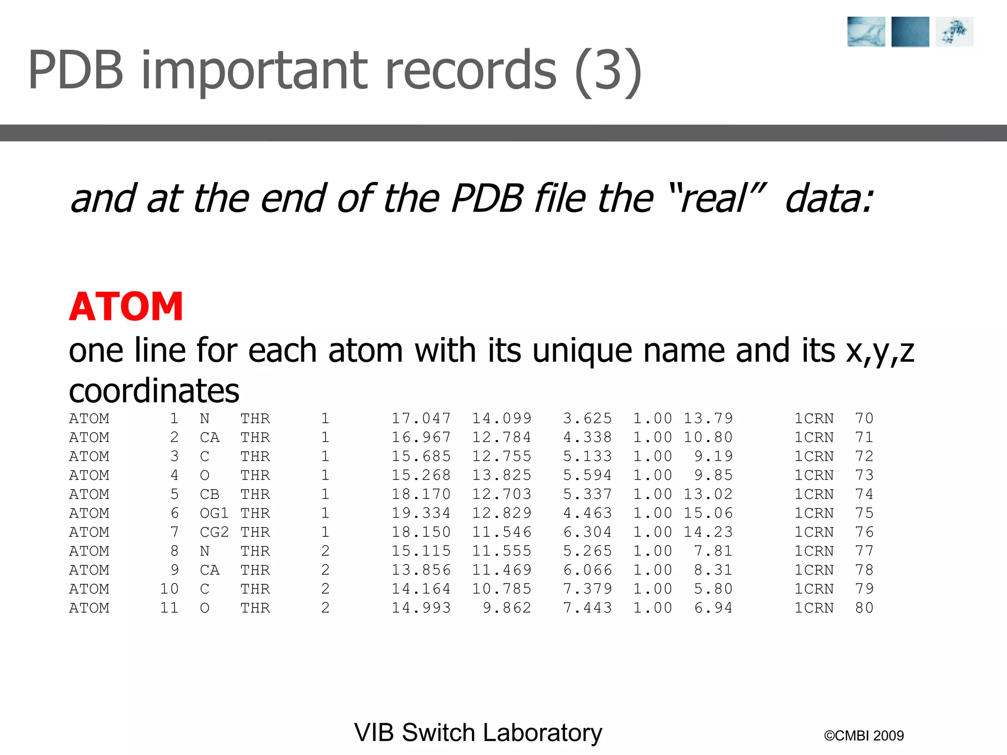 ©CMBI 2009 PDB important records (3) and at the end of the PDB file the “real”  data: ATOM one line for each atom with its unique name and its x,y,z coordinates ATOM  1  N  THR  1  17.047  14.099  3.625  1.00 13.79  1CRN  70 ATOM  2  CA  THR  1  16.967  12.784  4.338  1.00 10.80  1CRN  71 ATOM  3  C  THR  1  15.685  12.755  5.133  1.00  9.19  1CRN  72 ATOM  4  O  THR  1  15.268  13.825  5.594  1.00  9.85  1CRN  73 ATOM  5  CB  THR  1  18.170  12.703  5.337  1.00 13.02  1CRN  74 ATOM  6  OG1 THR  1  19.334  12.829  4.463  1.00 15.06  1CRN  75 ATOM  7  CG2 THR  1  18.150  11.546  6.304  1.00 14.23  1CRN  76 ATOM  8  N  THR  2  15.115  11.555  5.265  1.00  7.81  1CRN  77 ATOM  9  CA  THR  2  13.856  11.469  6.066  1.00  8.31  1CRN  78 ATOM  10  C  THR  2  14.164  10.785  7.379  1.00  5.80  1CRN  79 ATOM  11  O  THR  2  14.993  9.862  7.443  1.00  6.94  1CRN  80 