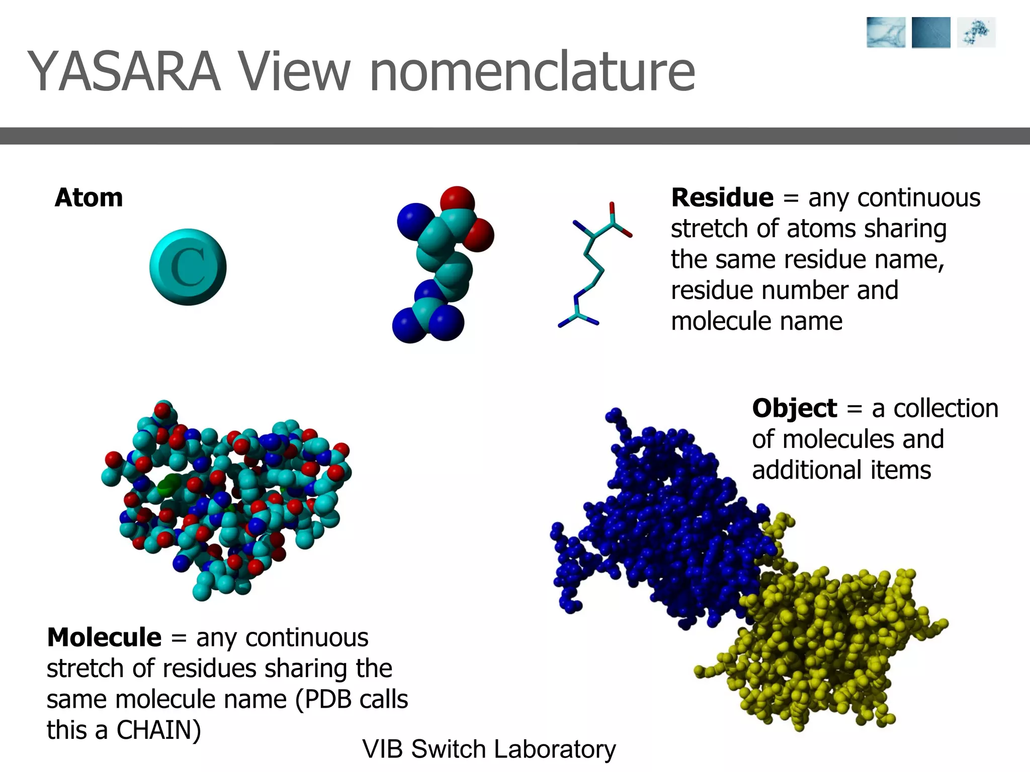 YASARA View nomenclature Atom Residue  =  any continuous stretch of atoms sharing the same residue name, residue number and molecule name Molecule  =  any continuous stretch of residues sharing the same molecule name (PDB calls this a CHAIN) Object  =  a collection of molecules and additional items 