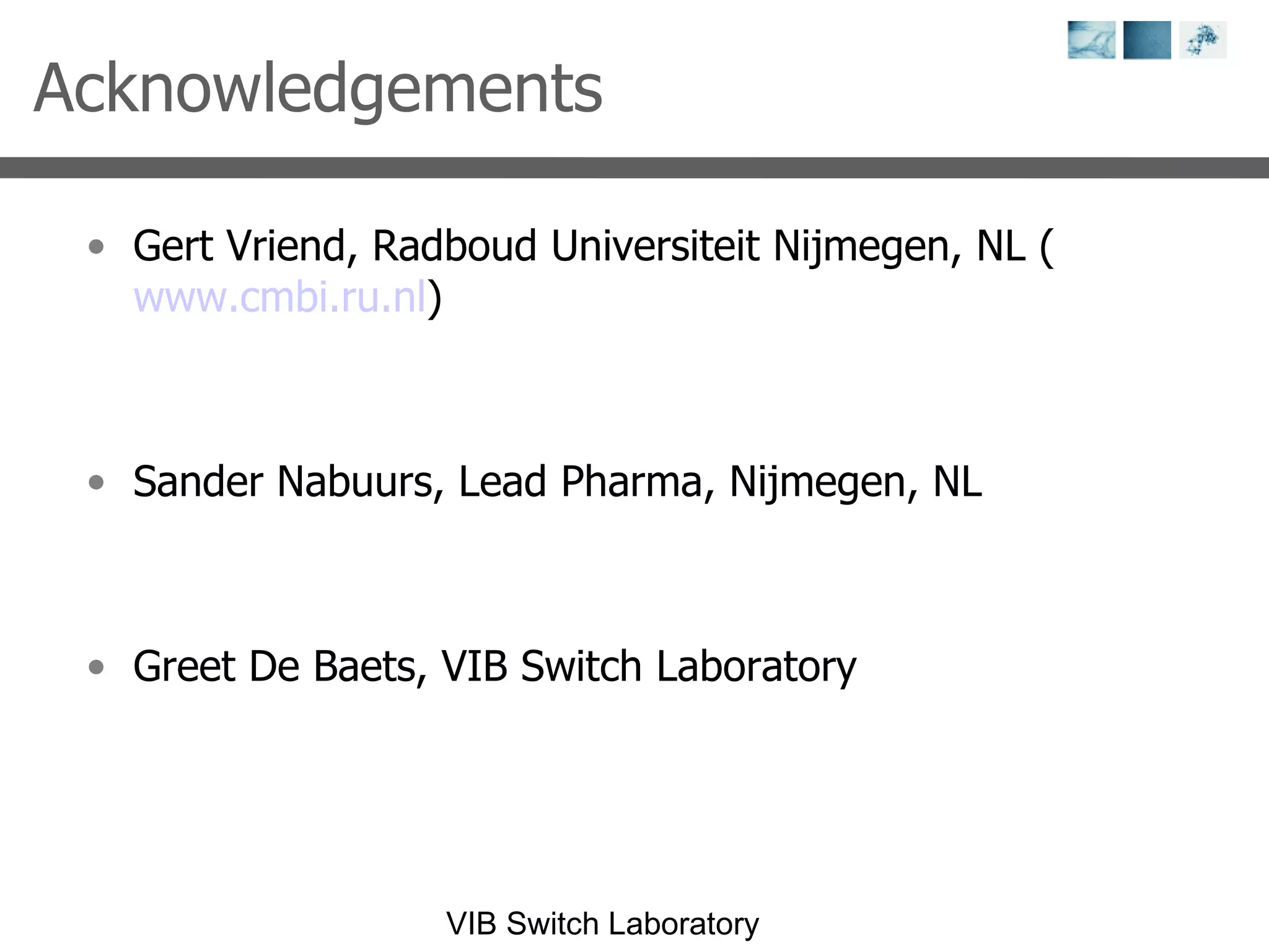 Acknowledgements Gert Vriend, Radboud Universiteit Nijmegen, NL ( www.cmbi.ru.nl ) Sander Nabuurs, Lead Pharma, Nijmegen, NL Greet De Baets, VIB Switch Laboratory 