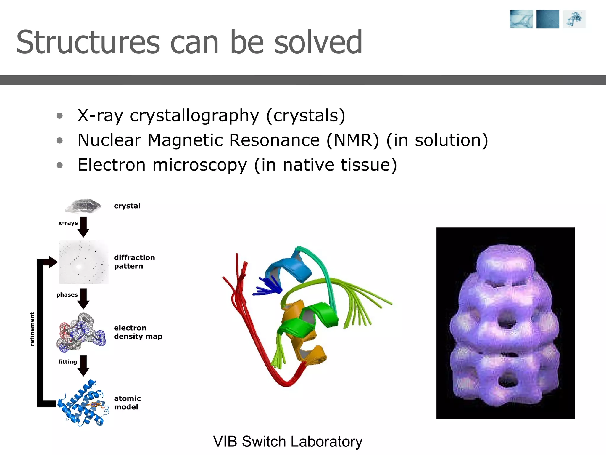 X-ray crystallography (crystals) Nuclear Magnetic Resonance (NMR) (in solution) Electron microscopy (in native tissue) Structures can be solved 