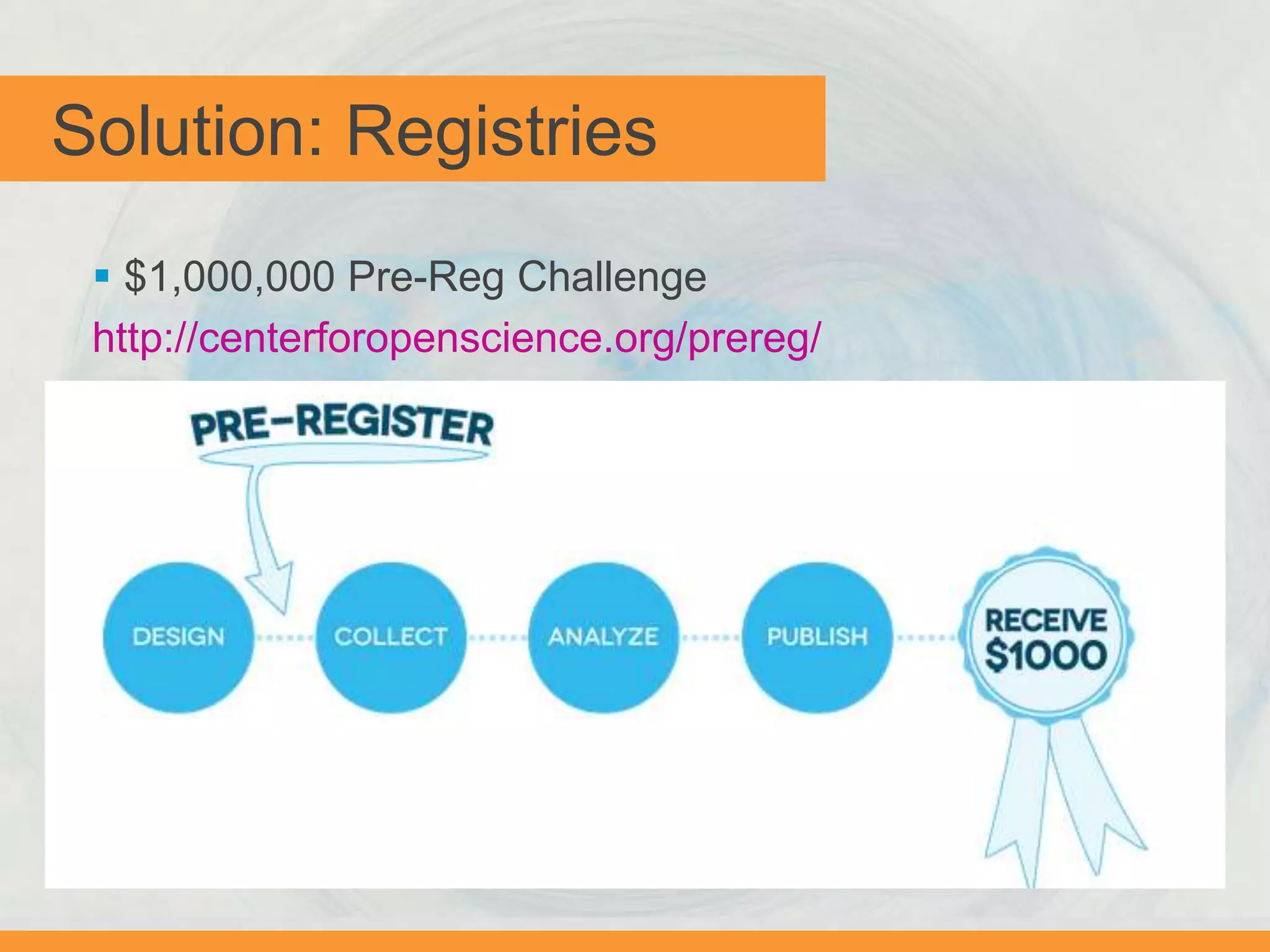 Solution: Registries
 $1,000,000 Pre-Reg Challenge
http://centerforopenscience.org/prereg/
 