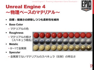 Unreal Engine 4 - Powering Independent Game Developers -
Unreal Engine 4
～物理ベースのマテリアル～
 目標：複雑さの排除しつつも柔軟性を維持
 Base Color
• マテリアルの色
 Roughness
• マテリアルの粗さ
（スペキュラ散乱）
 Metalic
• 0～1で金属質
 Specular
• 金属質でないマテリアルのスペキュラ（反射）の明るさ
12
 